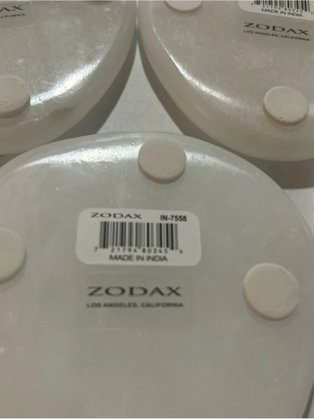 Zodax Bennour Alabaster Coasters Set of 4 4” white marbled organic India IN-7558